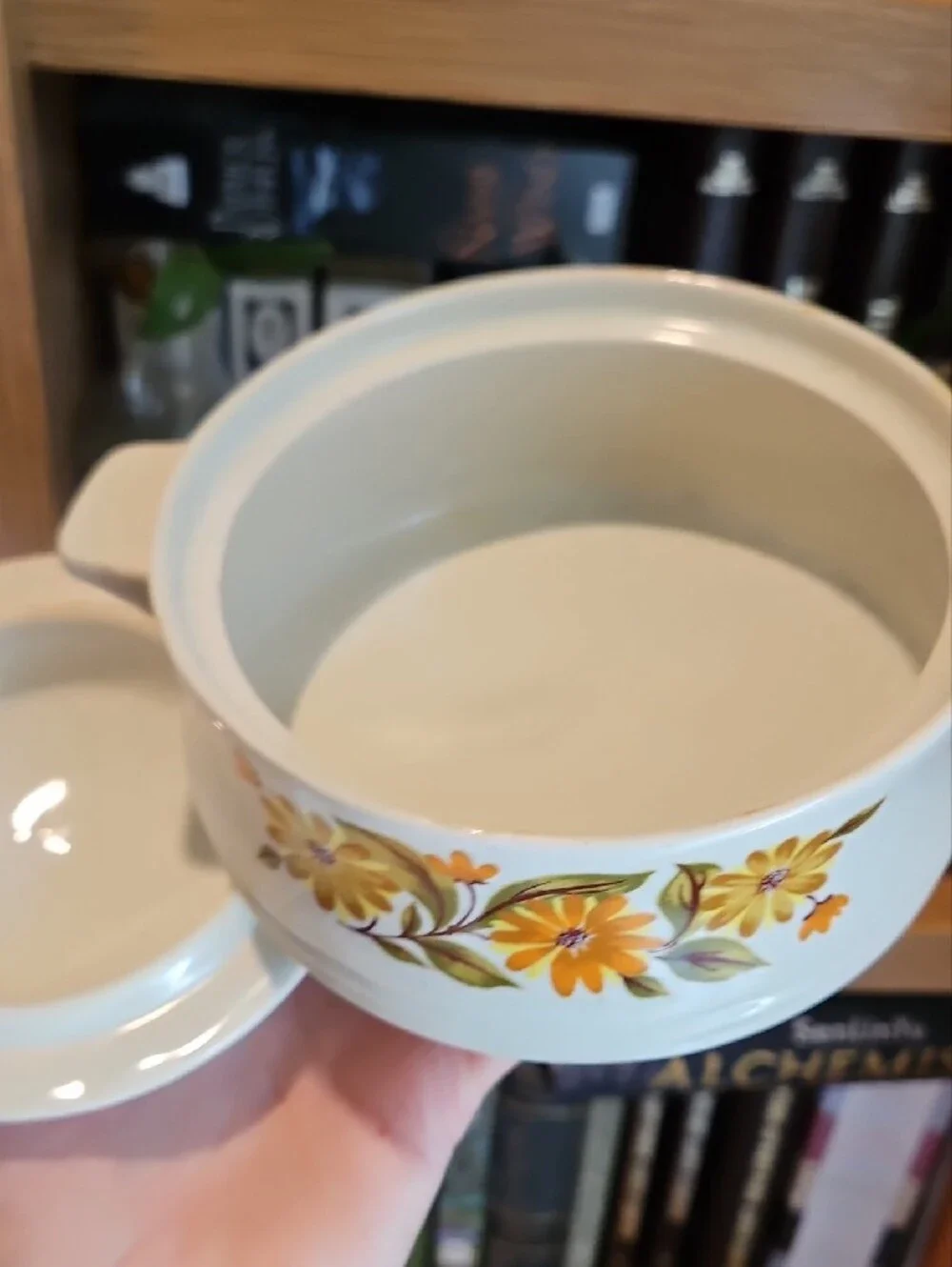 White Ceramic Covered Casserole with Yellow Floral Design